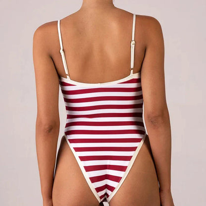 Swimwear- Classic Nautical One-Piece Red Stripe Swimwear- - IndioGear