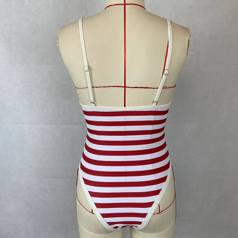 Swimwear- Classic Nautical One-Piece Red Stripe Swimwear- - IndioGear