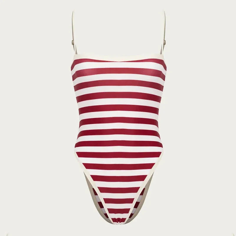 Swimwear- Classic Nautical One-Piece Red Stripe Swimwear- - IndioGear