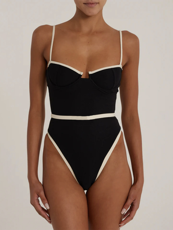 Swimwear- Classic Two-Tone Swimsuit - One-Piece Swimwear- Black- IndioGear.com