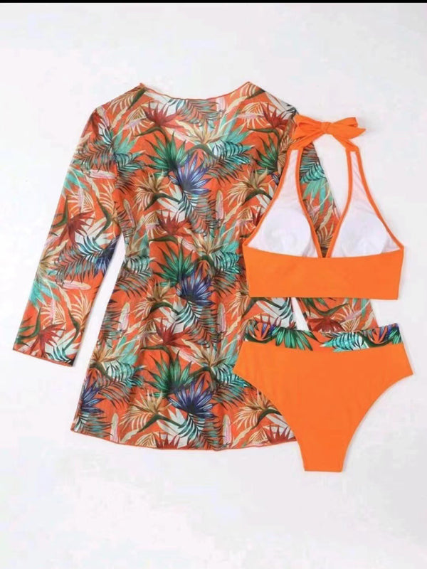 Color Block Trio Halter Top Swimsuit Set with Cover-Up