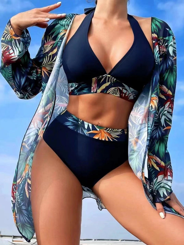 Color Block Trio Halter Top Swimsuit Set with Cover-Up