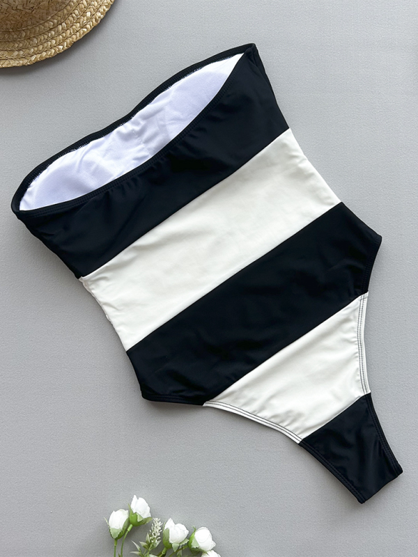 Swimwear- Color-blocked Strapless One-Piece Swimsuit- - IndioGear.com