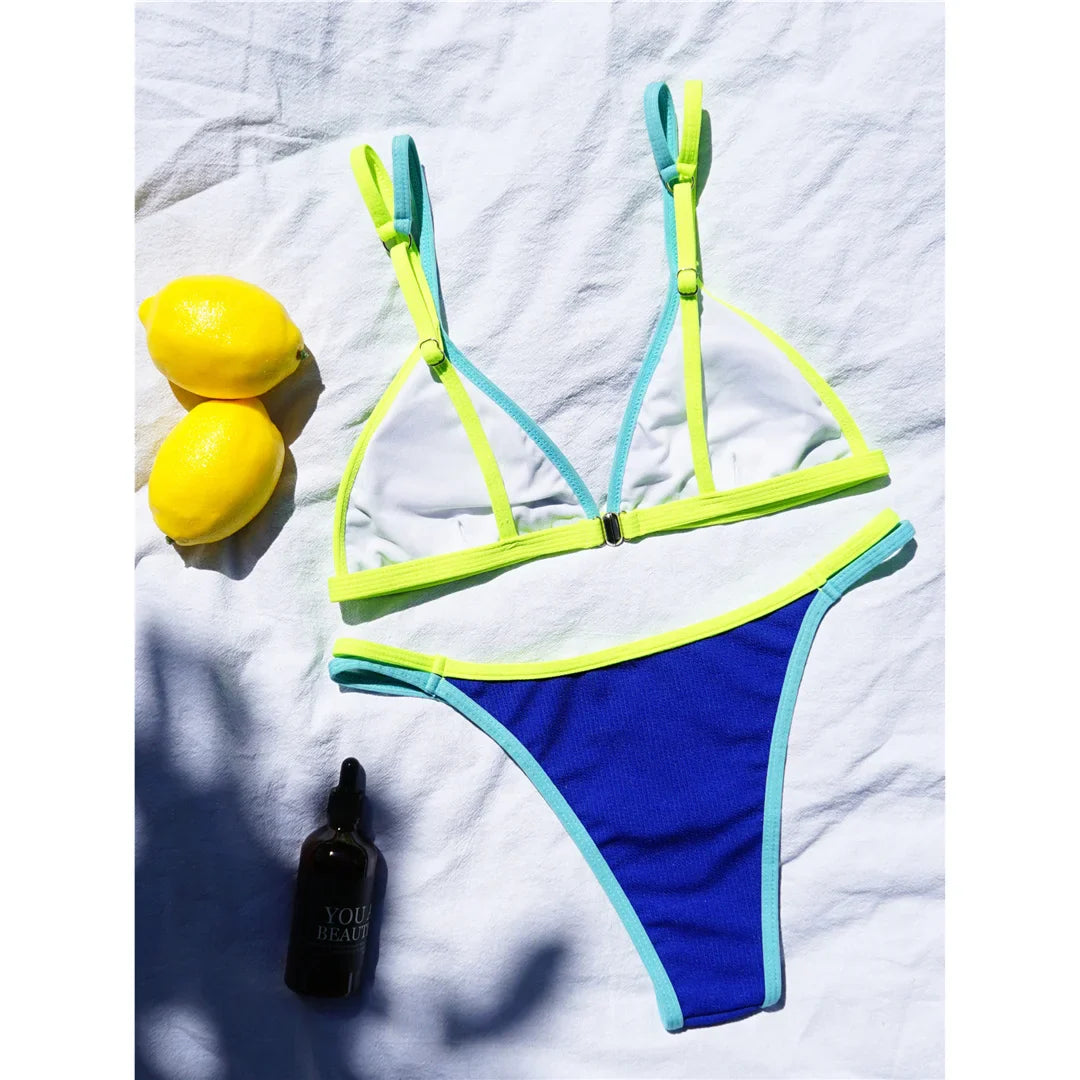 Swimwear- Colorful Lemon Contrast Bikini 2-Piece Set Swimwear for Beach Vacations- - IndioGear.com