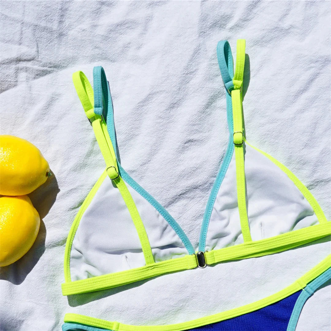 Swimwear- Colorful Lemon Contrast Bikini 2-Piece Set Swimwear for Beach Vacations- - IndioGear.com