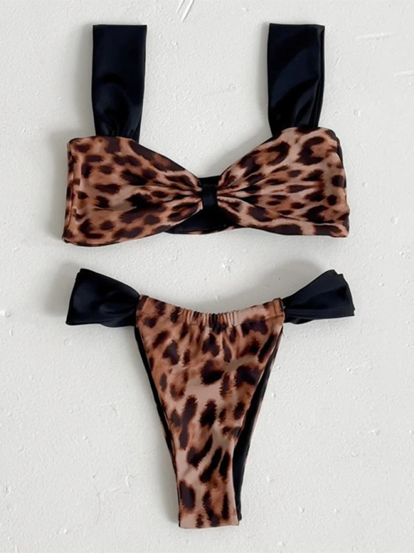 Swimwear- Contrast 2-Piece Leopard Print Swimsuit with Micro Bikini Bottoms- - IndioGear.com