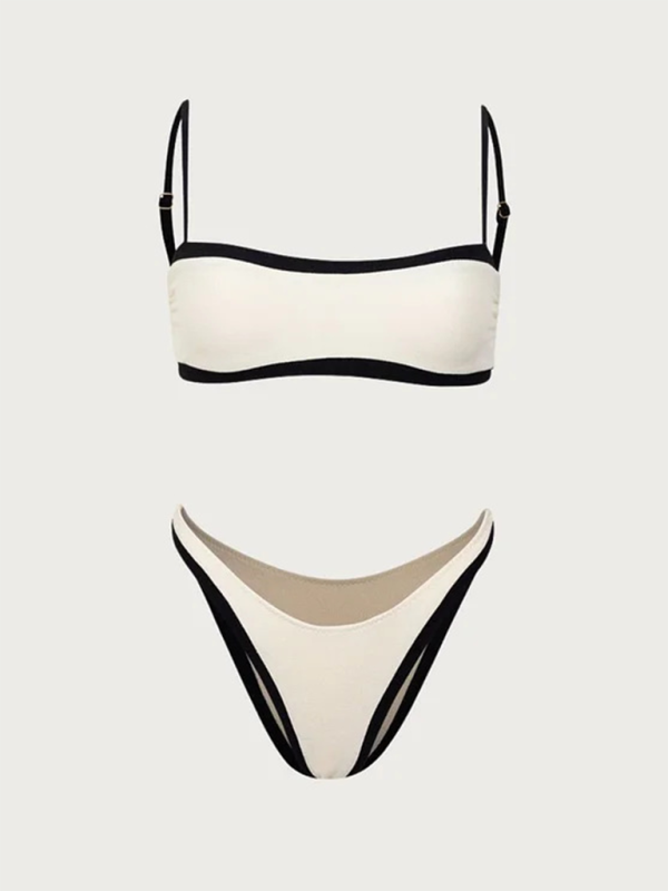 Swimwear- Contrast Binding Bra & Bikini for Beach Days- - IndioGear.com