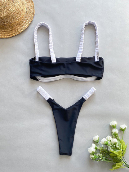 Swimwear- Contrast Ruched 2 Piece Swimsuit - Square Bra & High Cut Micro-Bikini- - IndioGear Fashion and Gear