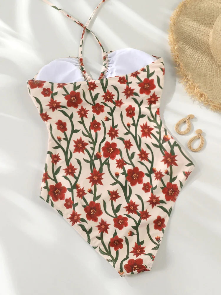 Swimwear- Cutout Swimwear Floral One-Piece Halter Swimsuit- - IndioGear Women Clothing