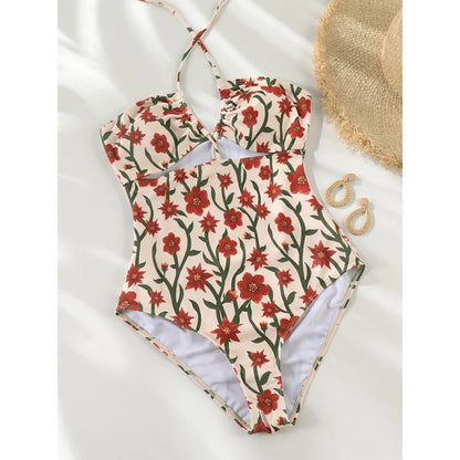 Swimwear- Cutout Swimwear Floral One-Piece Halter Swimsuit- Floral Print- IndioGear Women Clothing