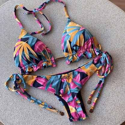 Swimwear- Exotic Tropical String 2-Piece Swim Set - Triangle Bra & Ruched-Side Bikini for Women- Pink- IndioGear Fashion and Gear