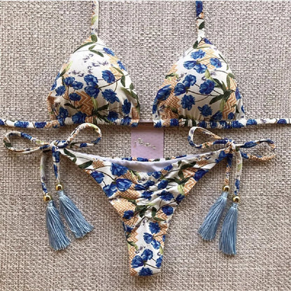 Swimwear- Exotic Tropical String 2-Piece Swim Set - Triangle Bra & Ruched-Side Bikini for Women- Blue- IndioGear Fashion and Gear