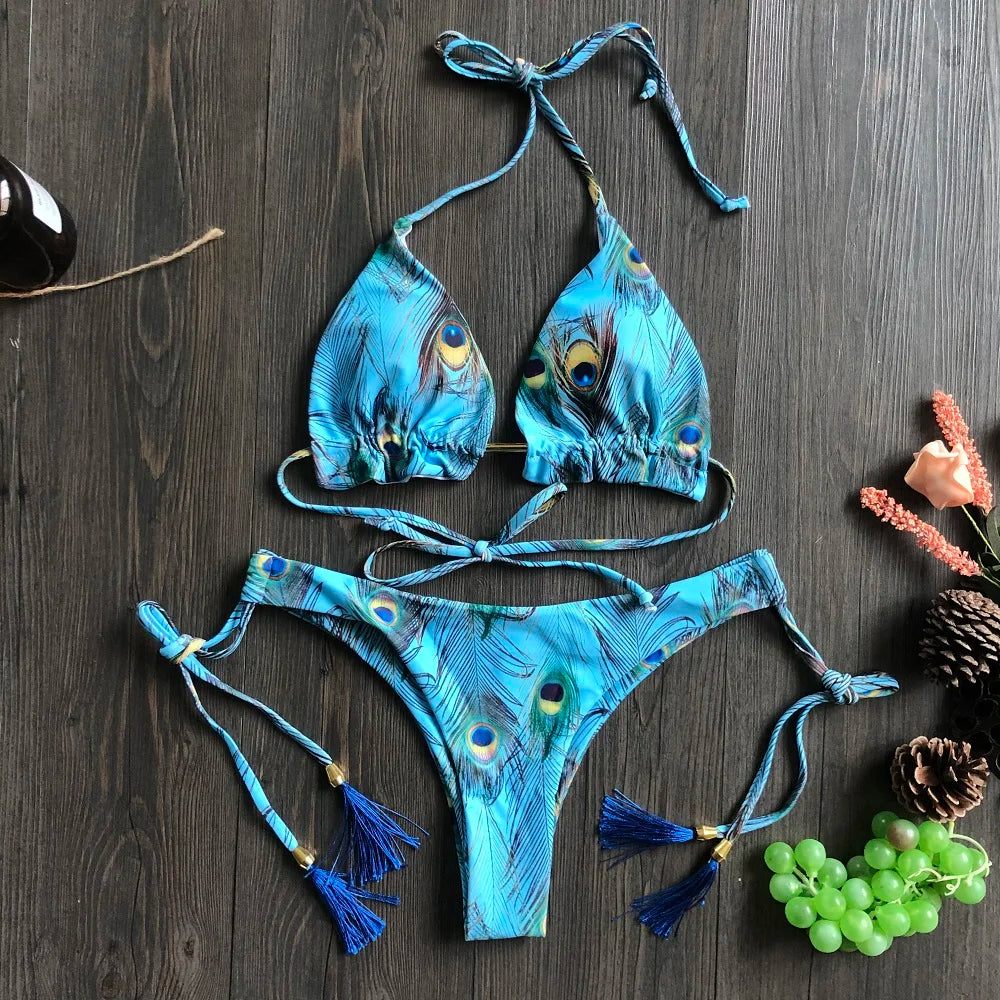 Swimwear- Exotic Tropical String 2-Piece Swim Set - Triangle Bra & Ruched-Side Bikini for Women- - IndioGear Fashion and Gear