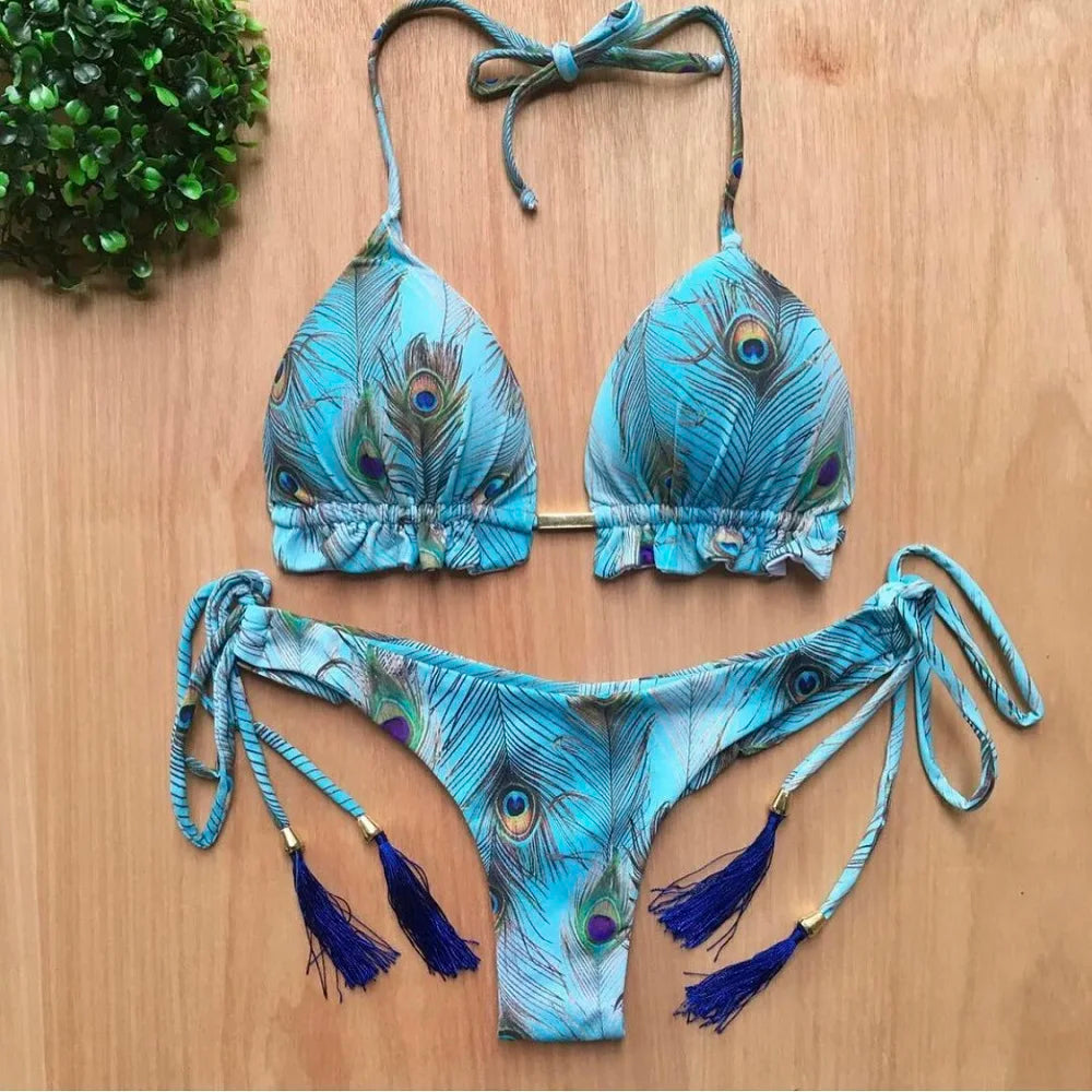 Swimwear- Exotic Tropical String 2-Piece Swim Set - Triangle Bra & Ruched-Side Bikini for Women- Turquoise- IndioGear Fashion and Gear