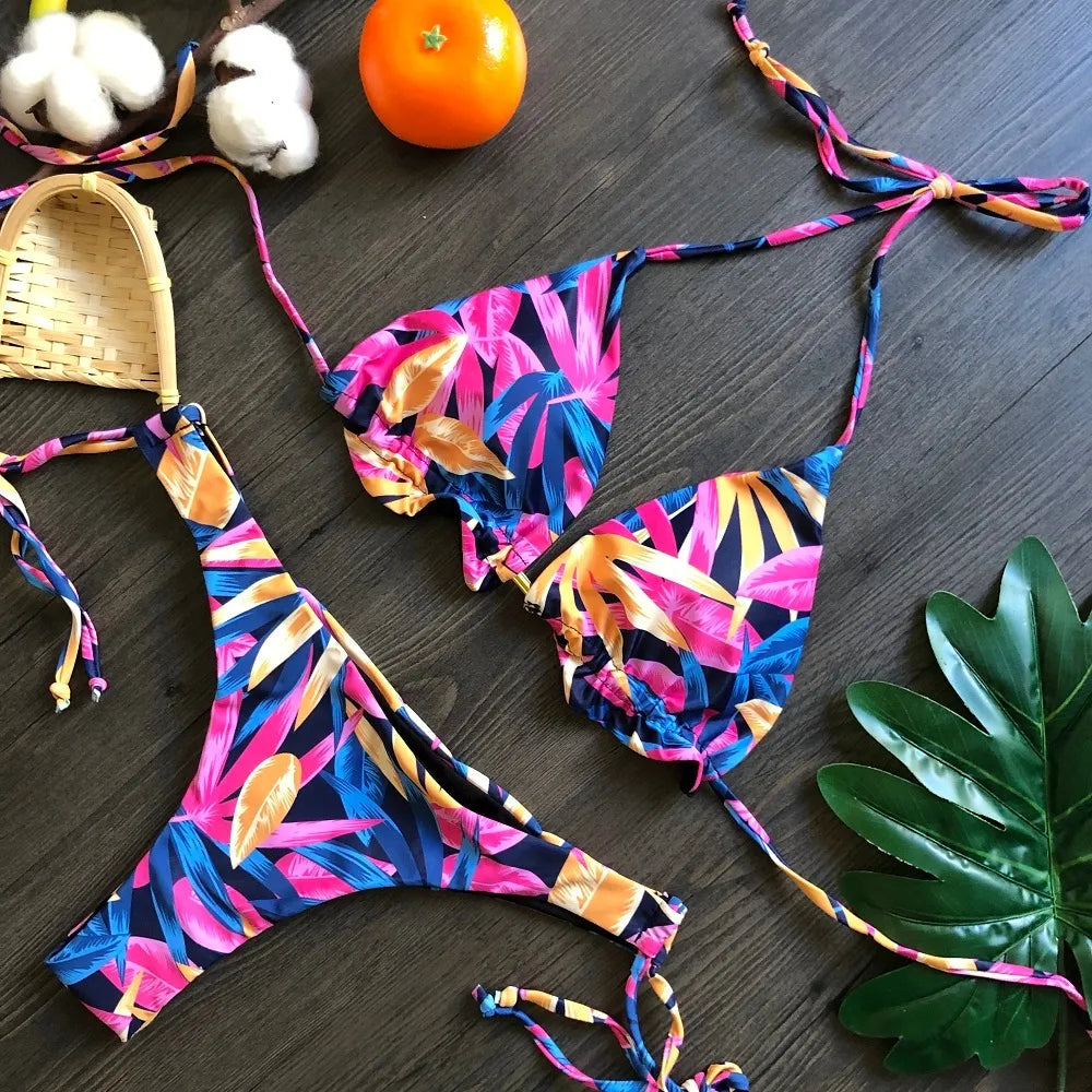 Swimwear- Exotic Tropical String 2-Piece Swim Set - Triangle Bra & Ruched-Side Bikini for Women- - IndioGear Fashion and Gear