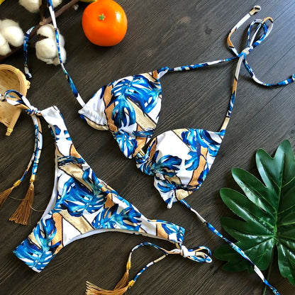 Swimwear- Exotic Tropical String 2-Piece Swim Set - Triangle Bra & Ruched-Side Bikini for Women- - IndioGear Fashion and Gear