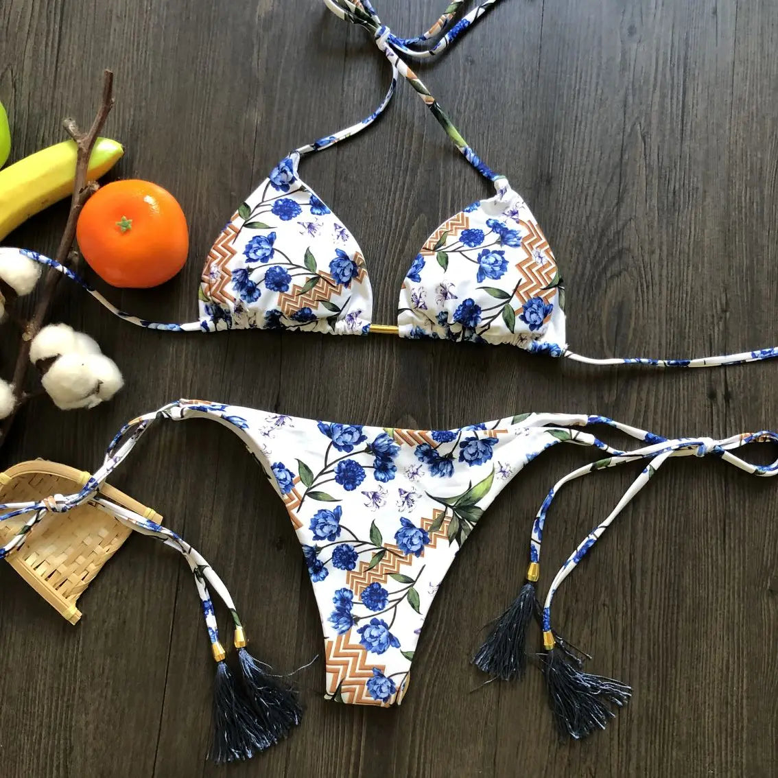 Swimwear- Exotic Tropical String 2-Piece Swim Set - Triangle Bra & Ruched-Side Bikini for Women- - IndioGear Fashion and Gear