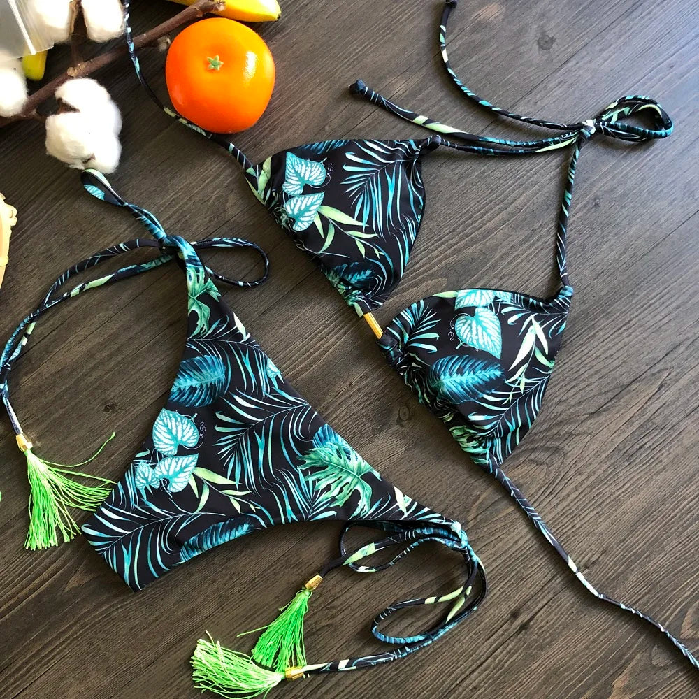 Swimwear- Exotic Tropical String 2-Piece Swim Set - Triangle Bra & Ruched-Side Bikini for Women- - IndioGear Fashion and Gear