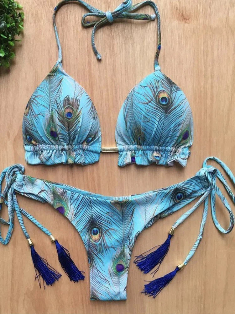 Swimwear- Exotic Tropical String 2-Piece Swim Set - Triangle Bra & Ruched-Side Bikini for Women- - IndioGear Fashion and Gear