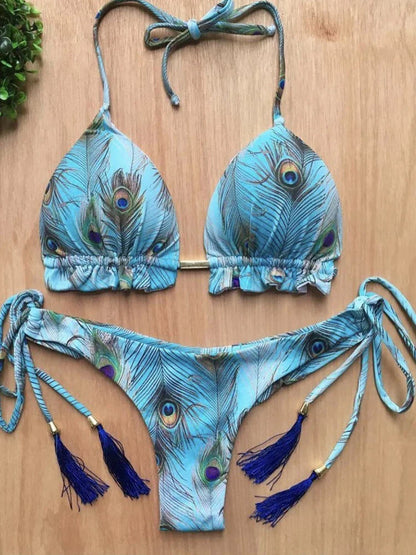 Swimwear- Exotic Tropical String 2-Piece Swim Set - Triangle Bra & Ruched-Side Bikini for Women- - IndioGear Fashion and Gear