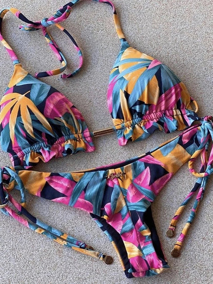 Swimwear- Exotic Tropical String 2-Piece Swim Set - Triangle Bra & Ruched-Side Bikini for Women- - IndioGear Fashion and Gear