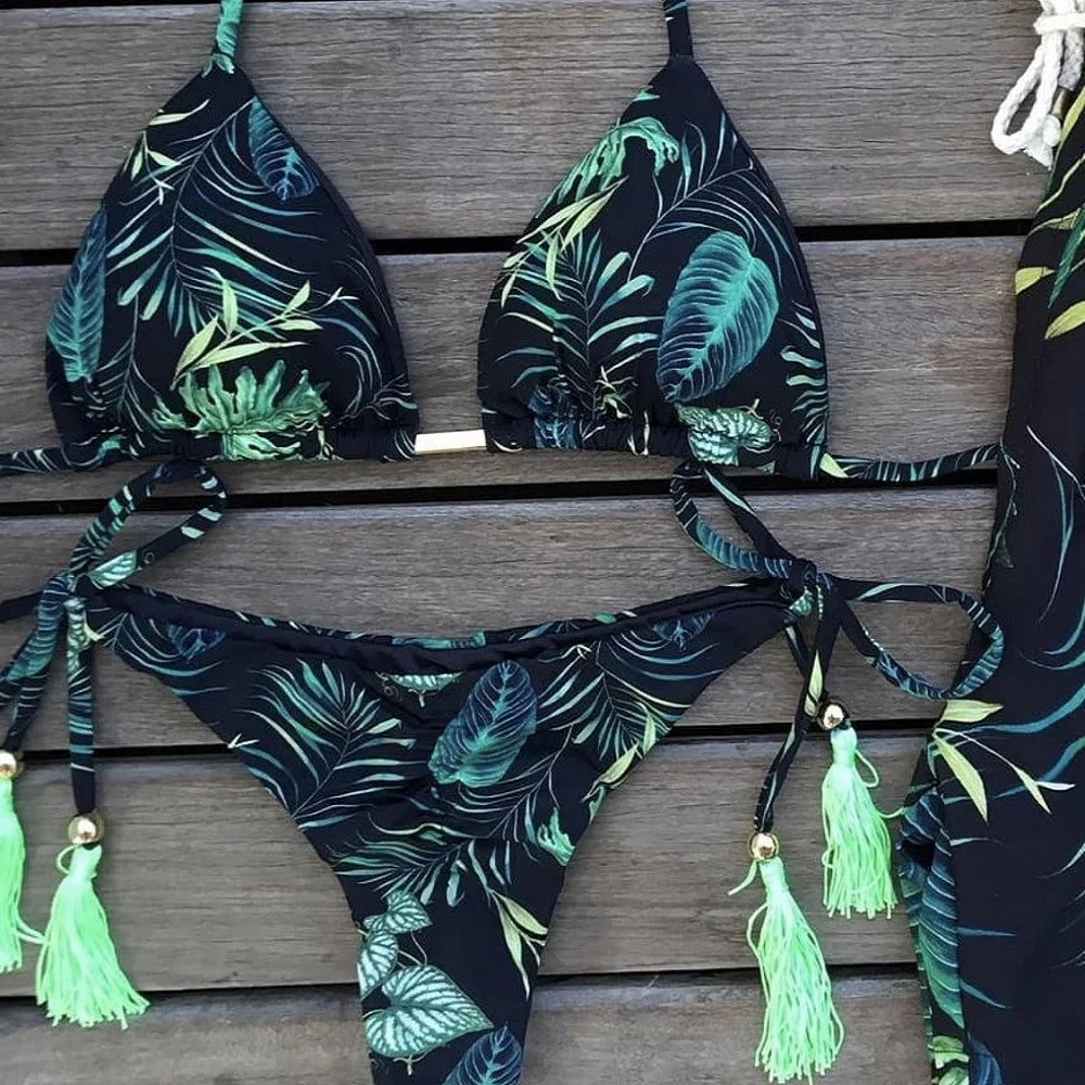 Swimwear- Exotic Tropical String 2-Piece Swim Set - Triangle Bra & Ruched-Side Bikini for Women- Green- IndioGear Fashion and Gear