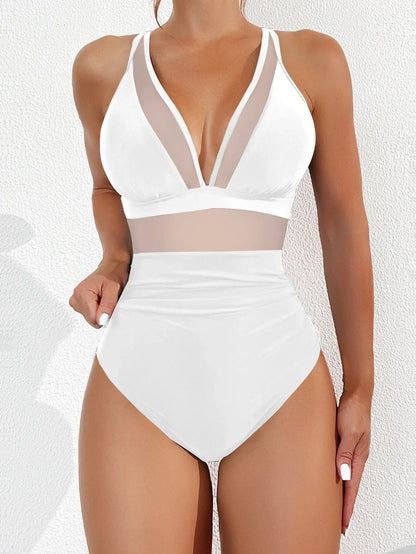 Swimwear- Exotic allure Women's Mesh Accent Animal Print One-Piece Plunge Swimsuit- White- IndioGear Fashion and Gear