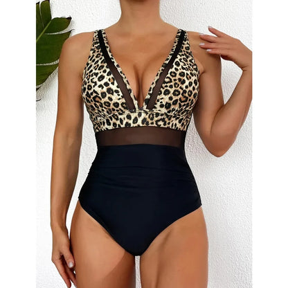 Swimwear- Exotic allure Women's Mesh Accent Animal Print One-Piece Plunge Swimsuit- - IndioGear Fashion and Gear