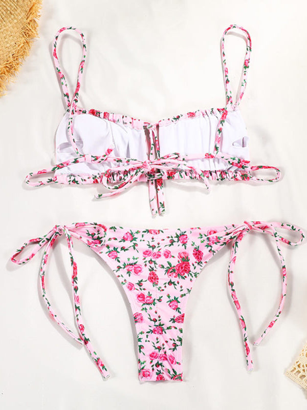 Swimwear- Floral 2 Piece Strappy Swimwear - Square Bra & Tie-Side Bikini- - IndioGear Fashion and Gear