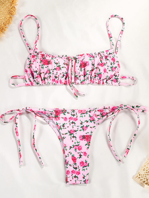 Swimwear- Floral 2 Piece Strappy Swimwear - Square Bra & Tie-Side Bikini- - IndioGear Fashion and Gear