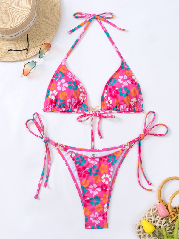 Swimwear- Floral 2-Piece String Tie-Side Bikini Set with Triangle Bra- Pink- IndioGear.com