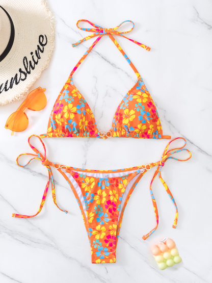 Swimwear- Floral 2-Piece String Tie-Side Bikini Set with Triangle Bra- Orange- IndioGear.com