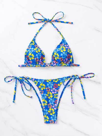 Swimwear- Floral 2-Piece String Tie-Side Bikini Set with Triangle Bra- - IndioGear.com