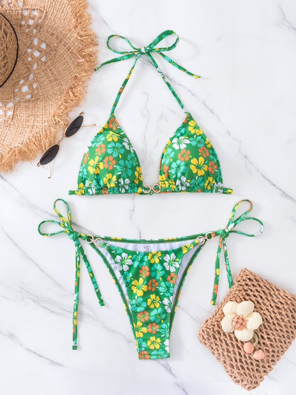 Swimwear- Floral 2-Piece String Tie-Side Bikini Set with Triangle Bra- - IndioGear.com