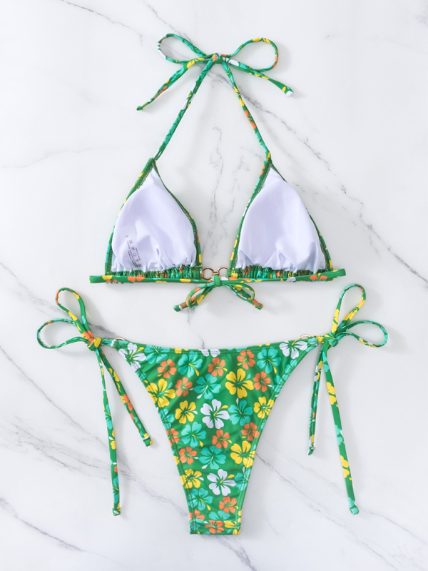 Swimwear- Floral 2-Piece String Tie-Side Bikini Set with Triangle Bra- - IndioGear.com