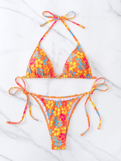 Swimwear- Floral 2-Piece String Tie-Side Bikini Set with Triangle Bra- - IndioGear.com