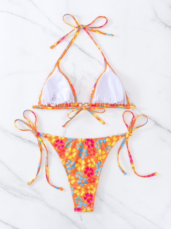 Swimwear- Floral 2-Piece String Tie-Side Bikini Set with Triangle Bra- - IndioGear.com