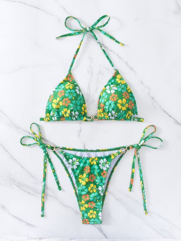 Swimwear- Floral 2-Piece String Tie-Side Bikini Set with Triangle Bra- - IndioGear.com