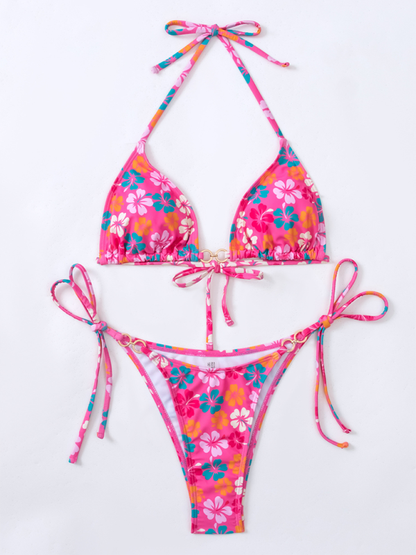 Swimwear- Floral 2-Piece String Tie-Side Bikini Set with Triangle Bra- - IndioGear.com