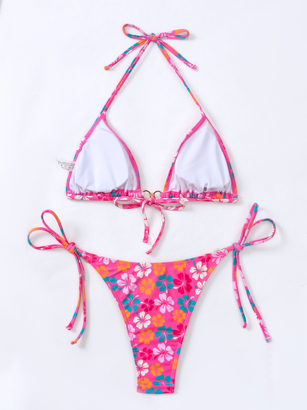 Swimwear- Floral 2-Piece String Tie-Side Bikini Set with Triangle Bra- - IndioGear.com