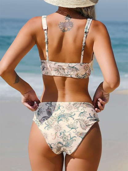 Zweiteiliger Badeanzug mit Blumenmuster für Damen, Oberteil zum Schnüren und Bikini mit mittlerer Taille