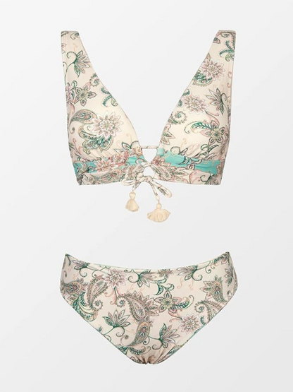 Zweiteiliger Badeanzug mit Blumenmuster für Damen, Oberteil zum Schnüren und Bikini mit mittlerer Taille