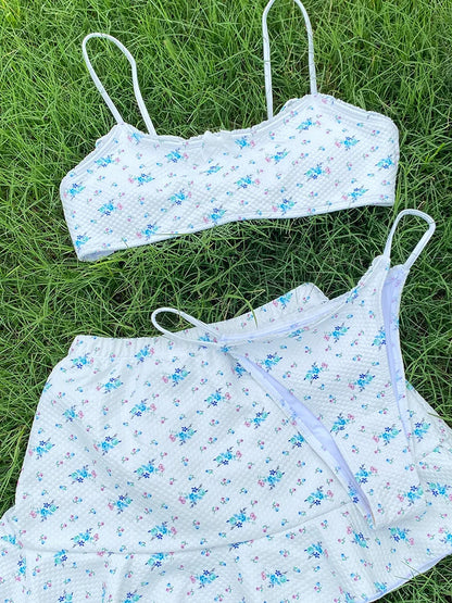 Swimwear- Floral 3 Piece Swimwear Bra & Bikini & Mini Skirt- Blue Floral- IndioGear.com