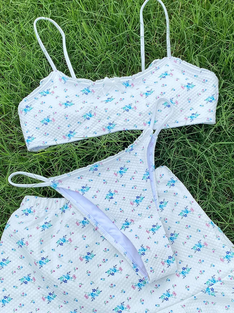 Swimwear- Floral 3 Piece Swimwear Bra & Bikini & Mini Skirt- - IndioGear.com