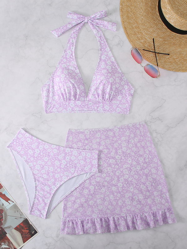 Swimwear- Floral 3-Piece Swimwear Triangle Bra & Skirt & Bikini Swim Set- Lavender- IndioGear.com