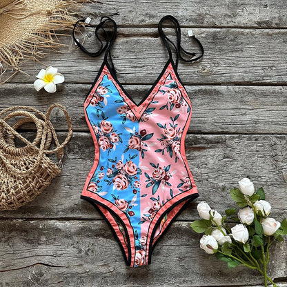 Swimwear- Artistic Floral One-Piece Swimsuit - Perfect for Vacations- Pink- IndioGear.com