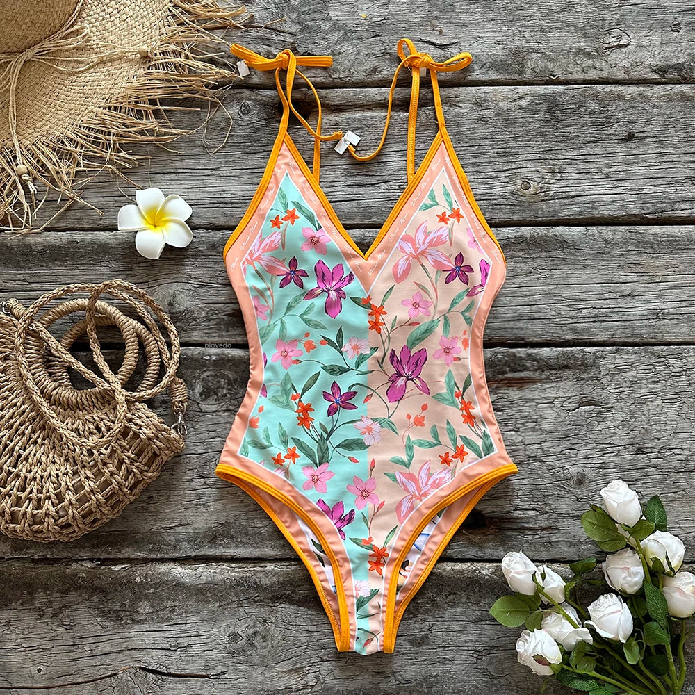 Swimwear- Artistic Floral One-Piece Swimsuit - Perfect for Vacations- - IndioGear.com