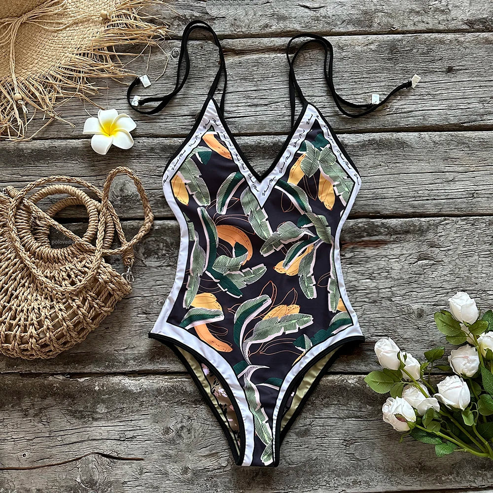 Swimwear- Artistic Floral One-Piece Swimsuit - Perfect for Vacations- Black- IndioGear.com