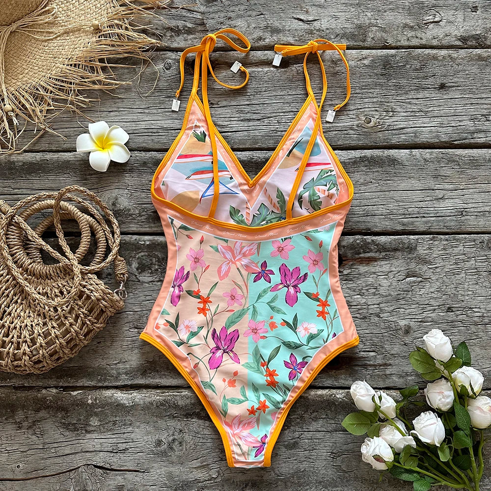 Swimwear- Artistic Floral One-Piece Swimsuit - Perfect for Vacations- - IndioGear.com