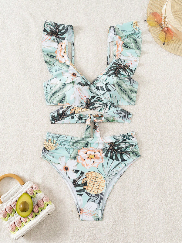 Swimwear- Floral Criss-Cross High-Waist Tankini Two-Piece Swimwear- - IndioGear Women Clothing